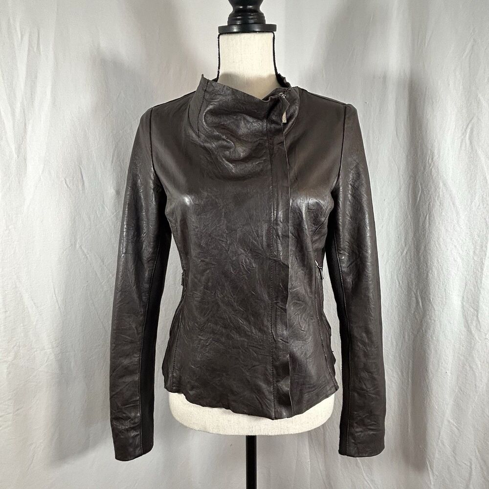Cigno Nero Real Leather Jacket EU 38 XS S Dark Brown Draped Collar Stretch Panel